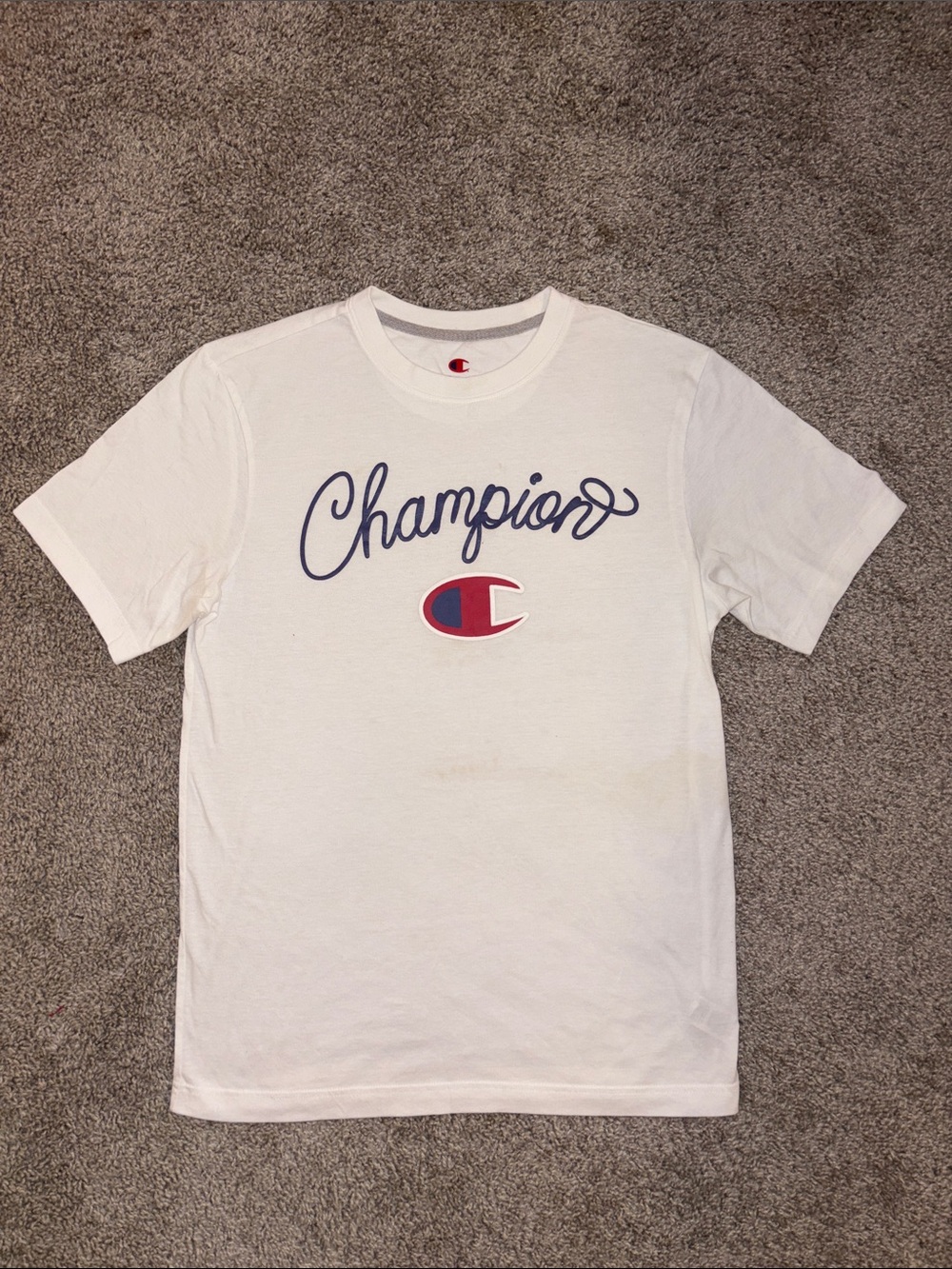 CHAMPION | Men’s White Tee with Navy Script and Red Logo